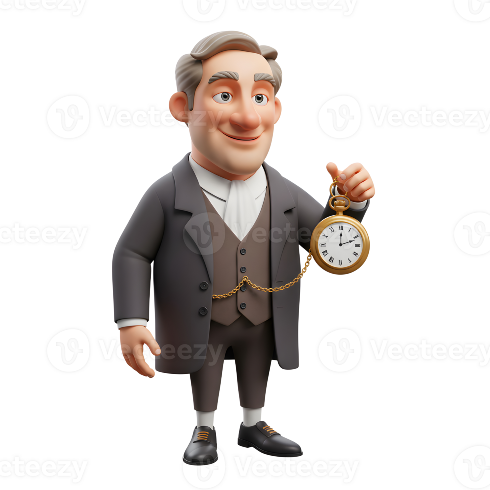 A cheerful cartoon gentleman, dressed in period attire, proudly displays his antique pocket watch. The scene is lighthearted and charming. png