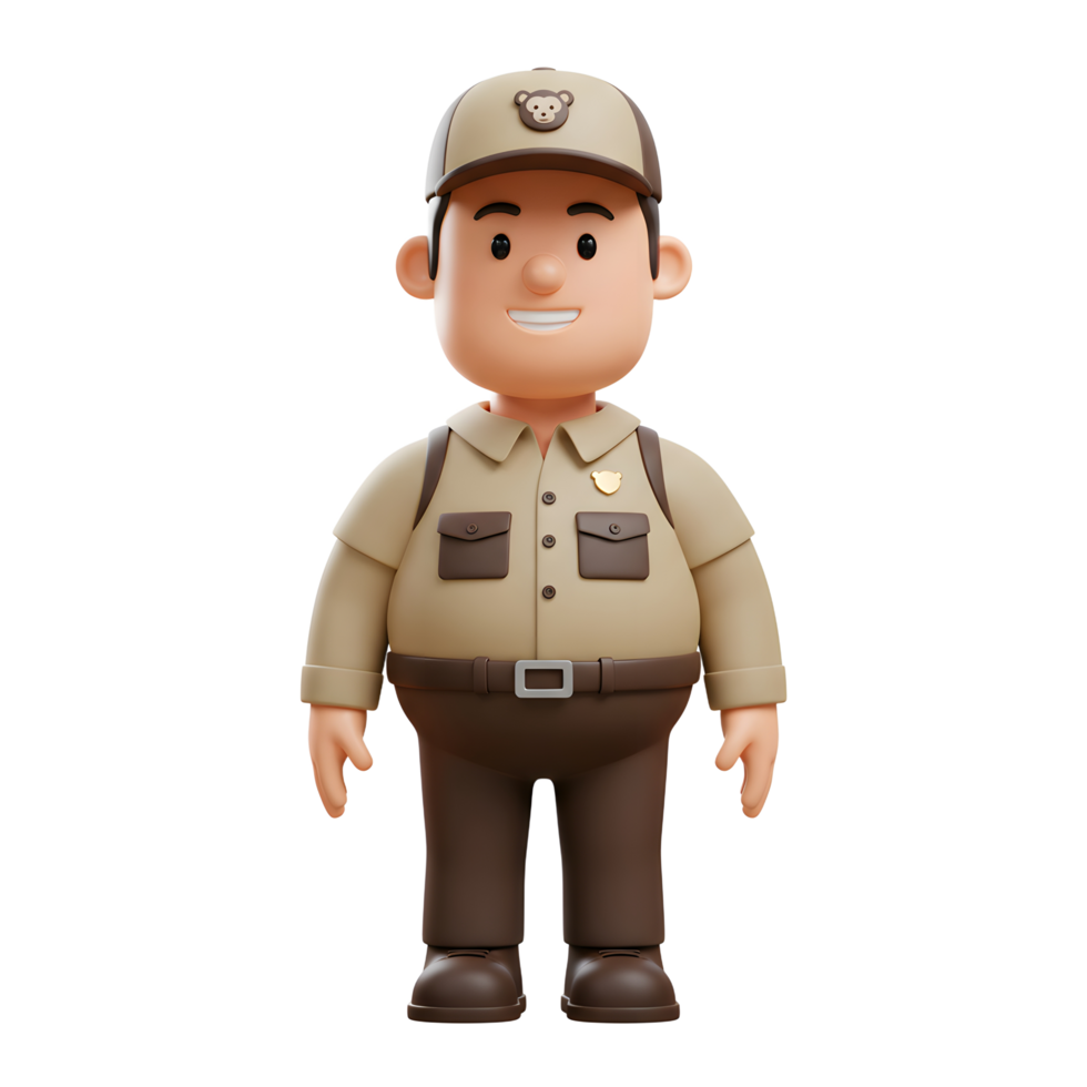 A cheerful cartoon park ranger smiles warmly, wearing a tan uniform and cap. The 3D style creates a friendly, approachable feel. png