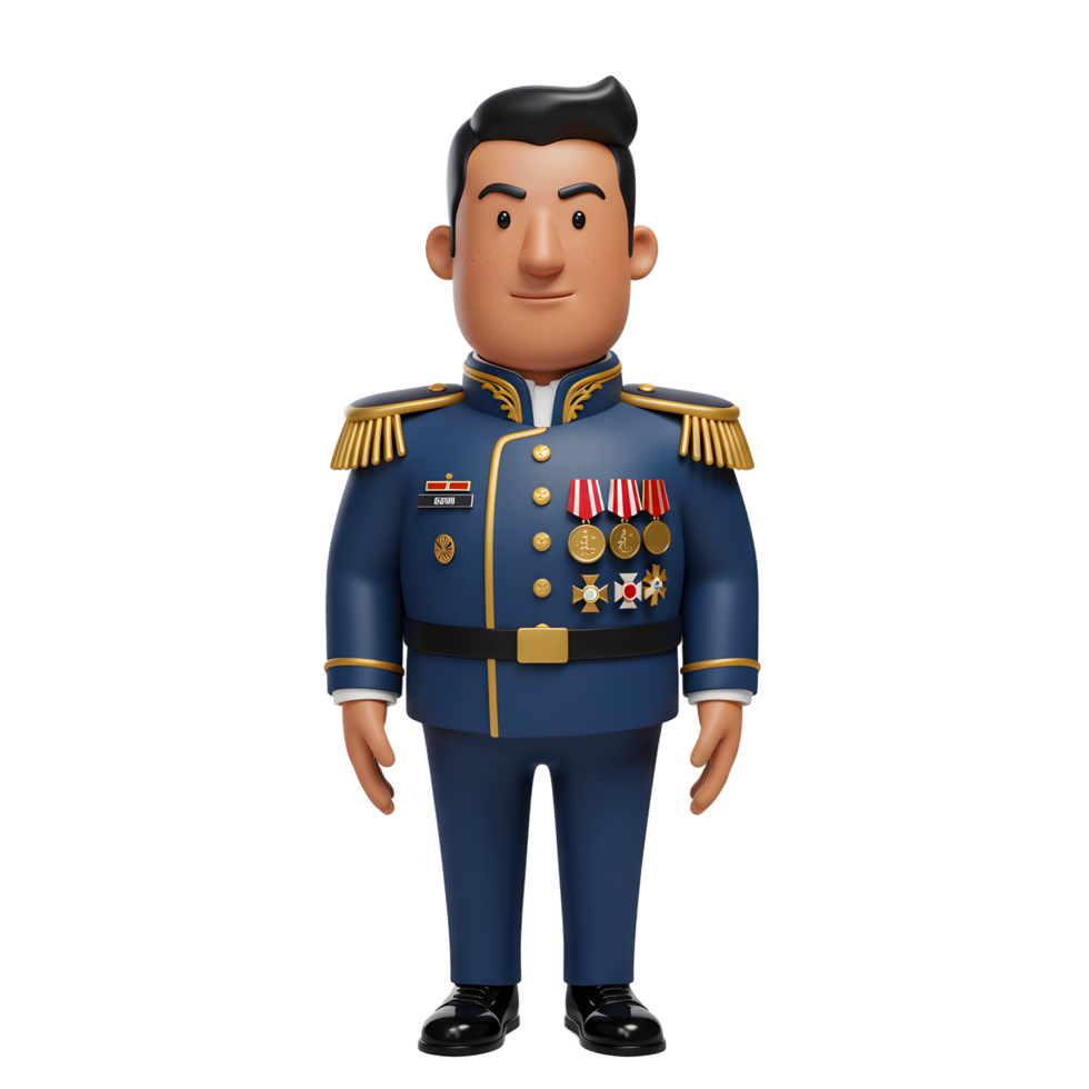 A friendly cartoon military officer stands at attention, adorned in a richly detailed blue uniform and medals. His cheerful expression adds a touch of warmth. png