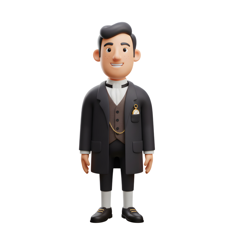 A cheerful 3D cartoon gentleman, dressed in a classic Victorian-era suit and pocket watch, stands with a friendly smile. The image exudes a warm and nostalgic mood. png