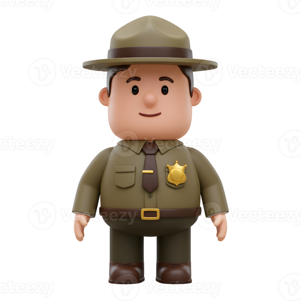 A charming, 3D-rendered cartoon park ranger smiles warmly. He's wearing a classic uniform, complete with a hat and badge, creating a friendly and approachable image. png