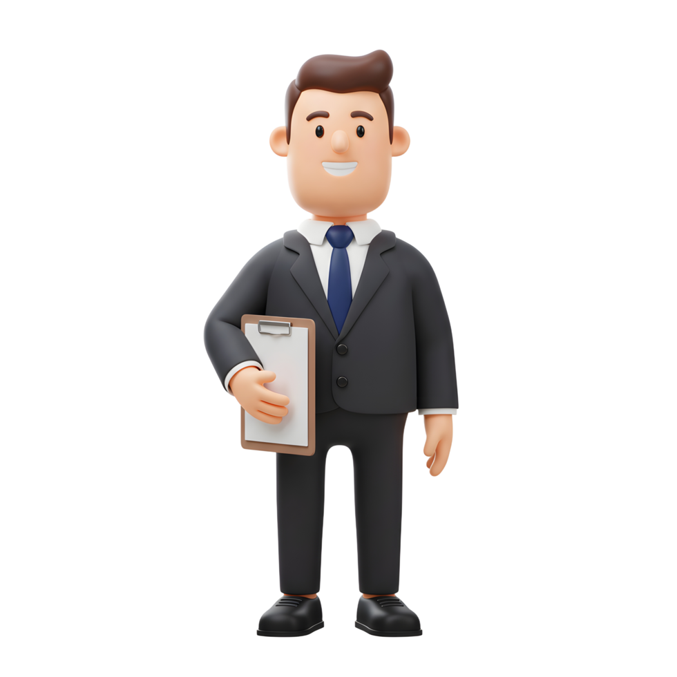 A cheerful cartoon businessman stands confidently, holding a clipboard. His friendly smile and professional attire create a welcoming corporate image. Perfect for business presentations png