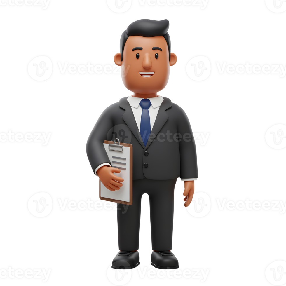 A friendly cartoon businessman smiles confidently, holding a clipboard. He's dressed in a dark suit and tie, projecting professionalism and approachability. png