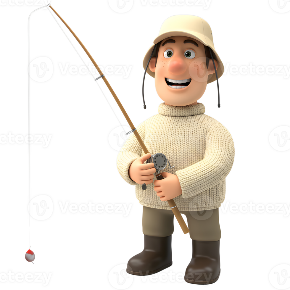 A jolly cartoon fisherman, wearing a cream sweater and hat, holds his fishing rod, ready for a catch. The scene is lighthearted and fun. png