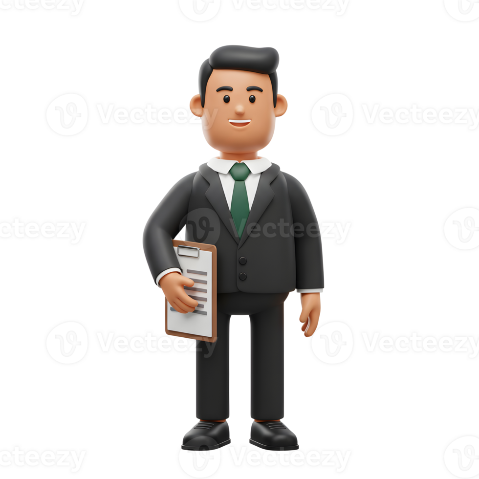 A friendly 3D cartoon businessman smiles confidently, holding a clipboard. He's dressed in a sharp suit, projecting professionalism and approachability. png