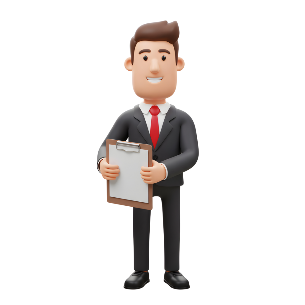 A cheerful cartoon businessman confidently holds a clipboard, ready to present information. His friendly demeanor and professional attire create a positive, approachable mood. png