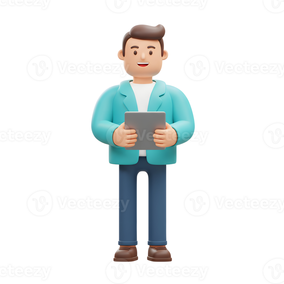 A cheerful 3D-rendered man holds a tablet, exuding positivity and digital engagement. His teal jacket and relaxed pose create a friendly, approachable vibe. png