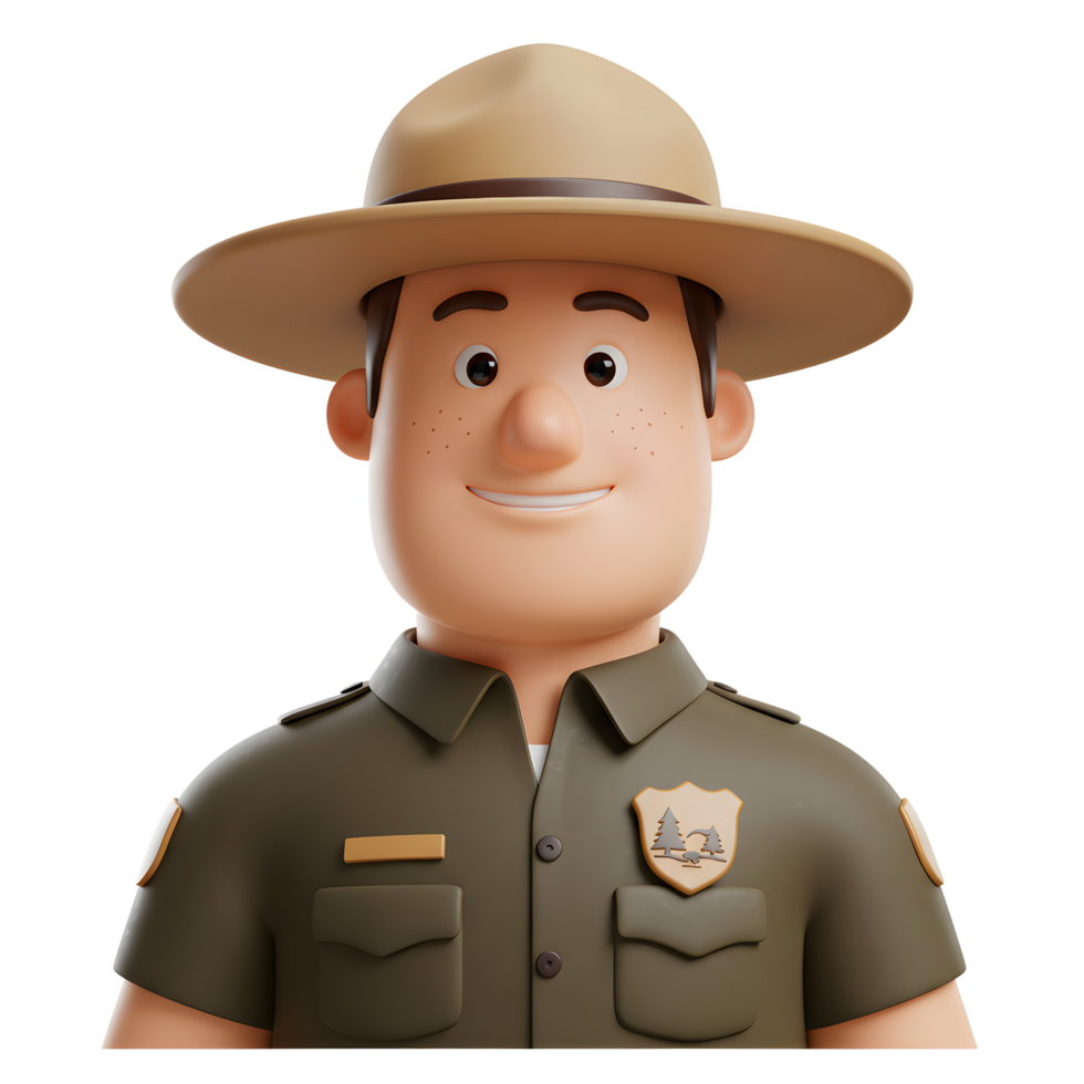 A cheerful cartoon park ranger smiles warmly, his khaki uniform and hat conveying a friendly and approachable demeanor. The 3D style adds a playful touch. png