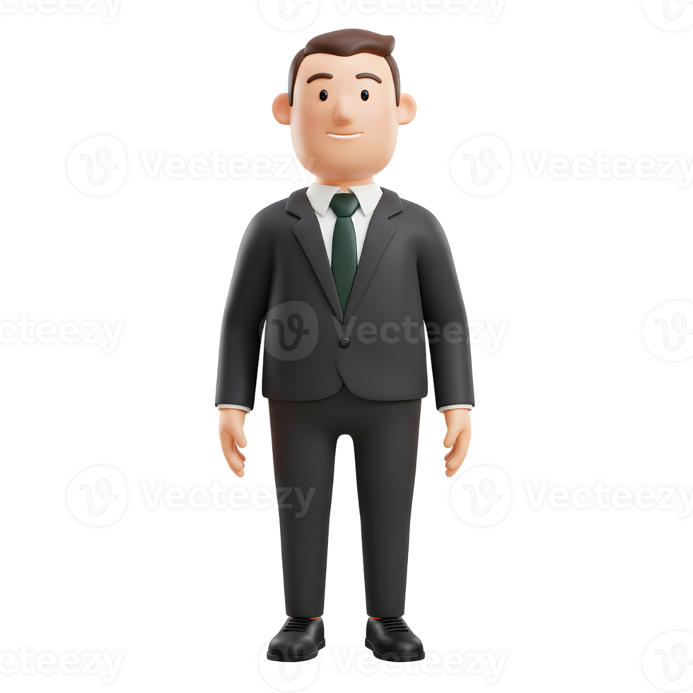 A cheerful cartoon businessman stands confidently, his dark suit and green tie adding a touch of sophistication to his friendly demeanor. Clean lines and a simple background create a polished look. png