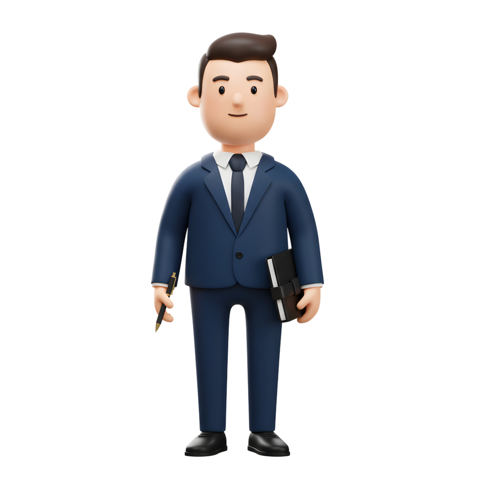 A cheerful cartoon businessman stands confidently, holding a pen and notepad. He's dressed in a sharp suit, projecting professionalism and approachability. png