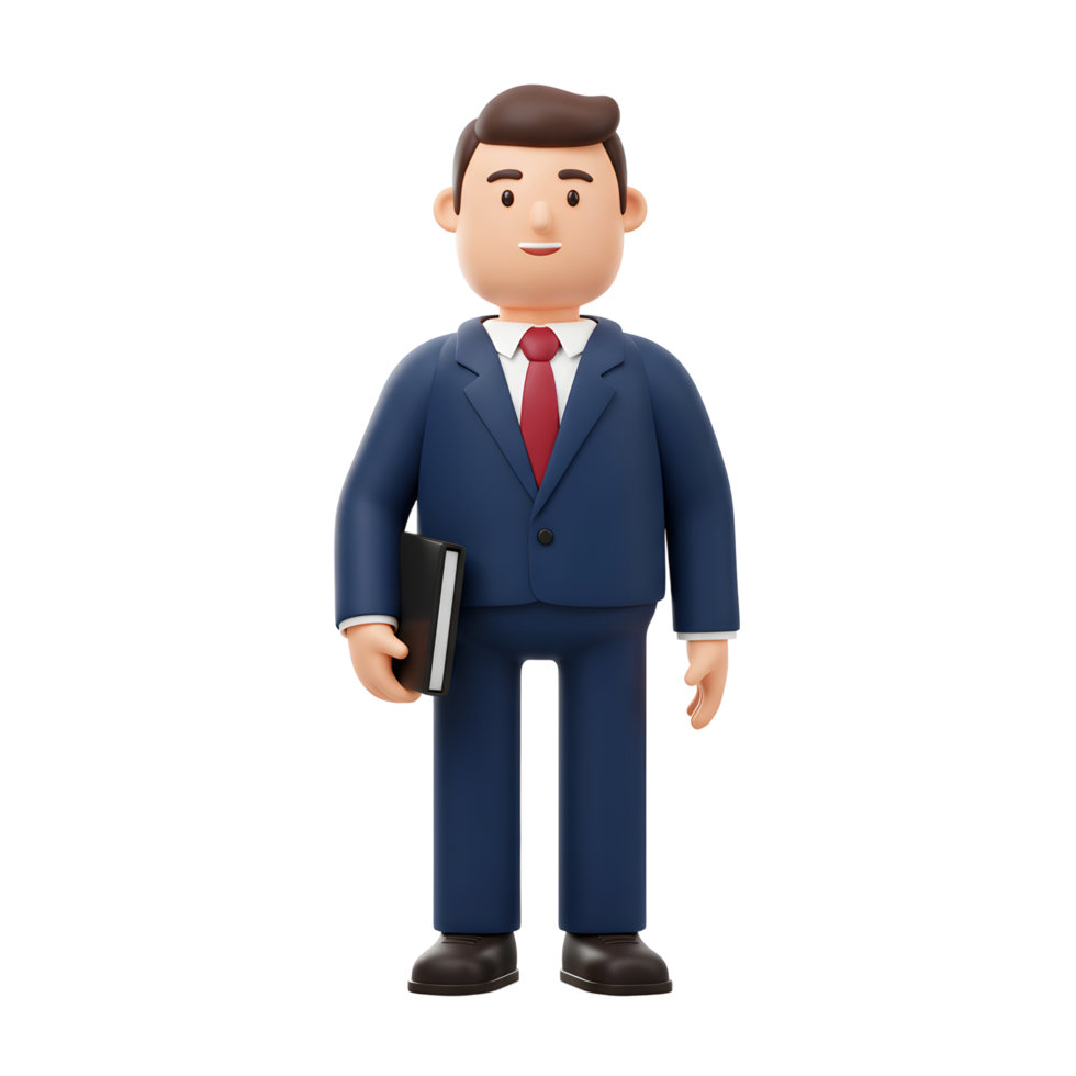 A friendly cartoon businessman in a sharp blue suit stands confidently, holding a black portfolio. His cheerful expression creates a positive and approachable vibe. png
