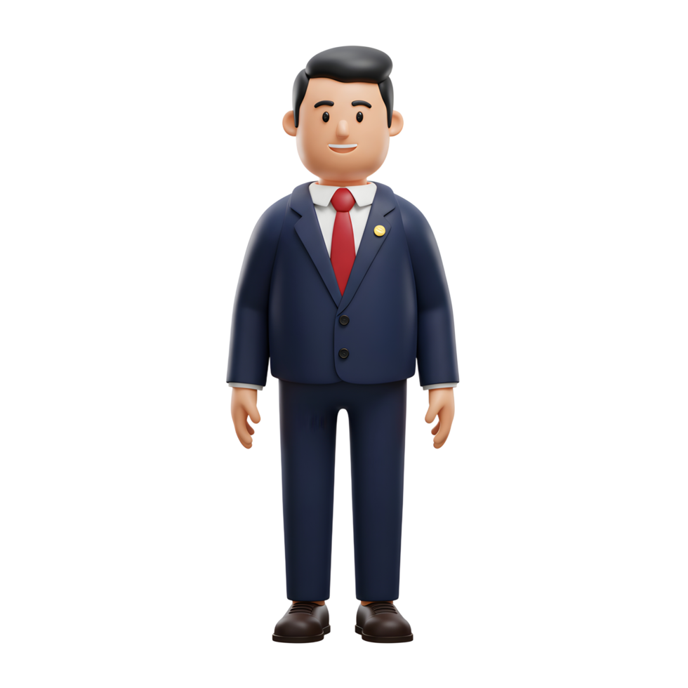 A friendly cartoon businessman stands confidently, his navy suit and red tie adding a touch of sophistication to his cheerful demeanor. A charming and approachable digital illustration. png