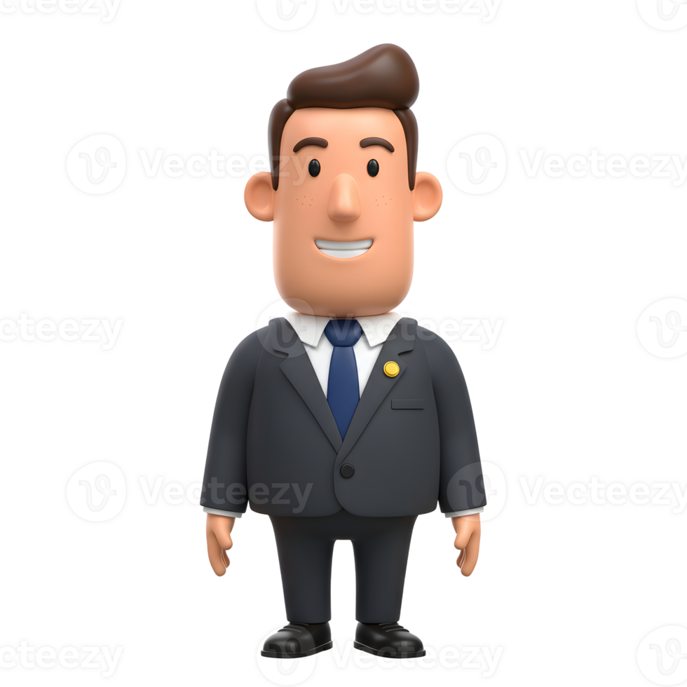 A cheerful cartoon businessman in a dark suit smiles warmly. His friendly demeanor and simple design create a welcoming, approachable vibe. png