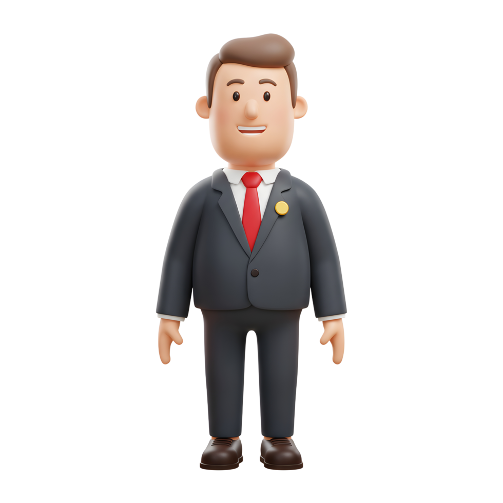 A friendly cartoon businessman smiles warmly, dressed in a sharp suit and red tie. His cheerful demeanor and simple design create a positive, approachable image. png