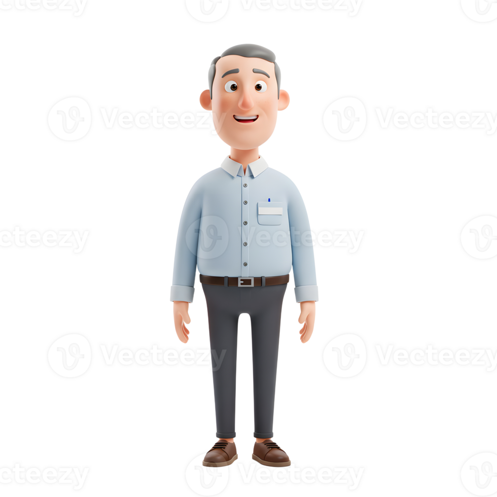 A friendly, 3D-rendered cartoon man stands cheerfully, dressed in a light blue shirt and gray pants. His expression is welcoming and approachable, creating a positive and lighthearted mood. png