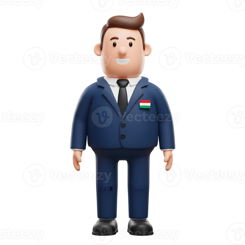 A cheerful cartoon man, dressed in a smart blue suit with a Hungarian flag pin, stands with a friendly smile. Simple, clean, and positive vibes. png