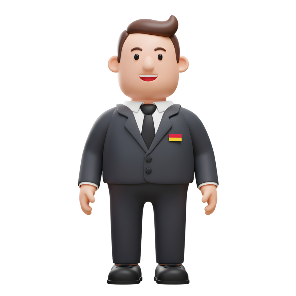 A cheerful 3D cartoon man in a dark suit smiles warmly. He sports a tiny German flag, adding a touch of national pride to this friendly, approachable character. png