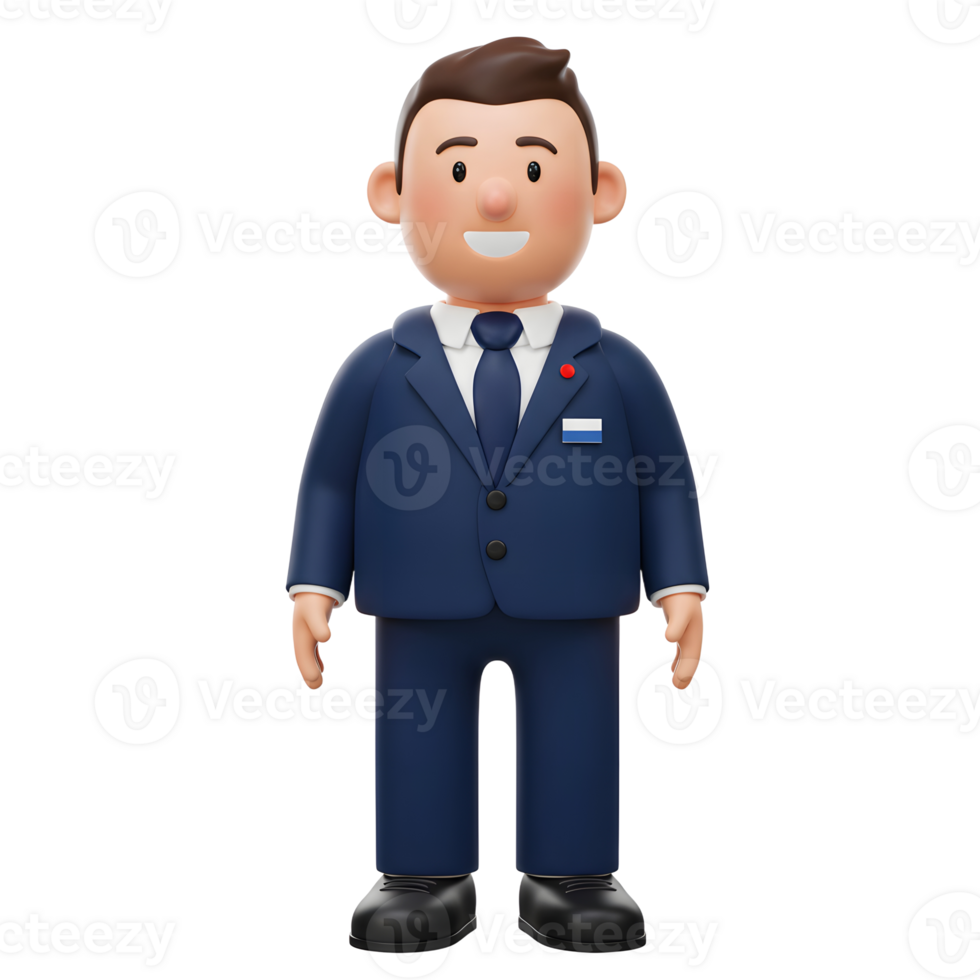 A cheerful cartoon businessman, rendered in 3D, stands in a smart navy suit. His friendly smile and simple design create a welcoming and approachable image. png