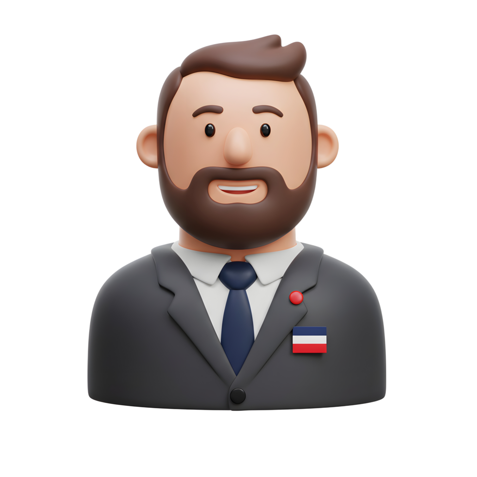 A cheerful 3D rendered cartoon businessman smiles warmly. He's dressed in a dark suit and tie, sporting a neat beard, and proudly displays a small flag on his lapel. Friendly and approachable. png