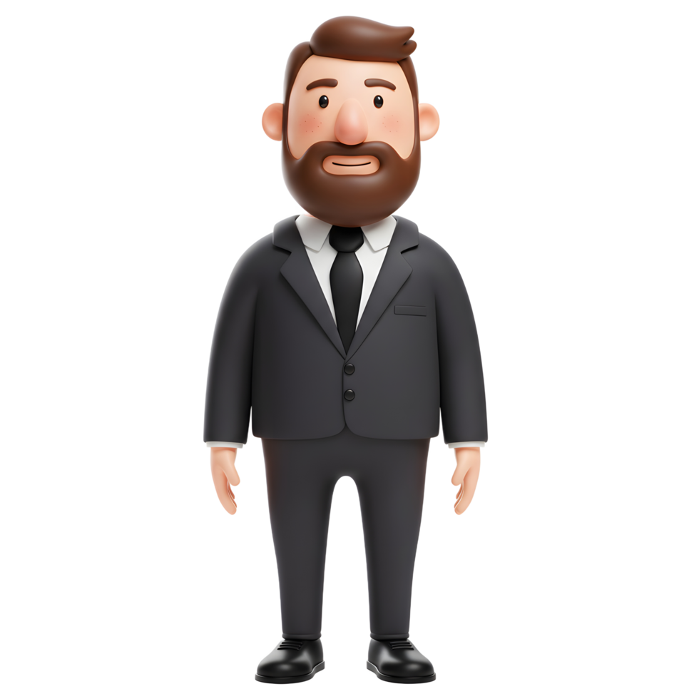 A cheerful cartoon businessman, sporting a stylish suit and a neatly trimmed beard, stands confidently. His friendly expression and simple design create a welcoming, approachable mood. png