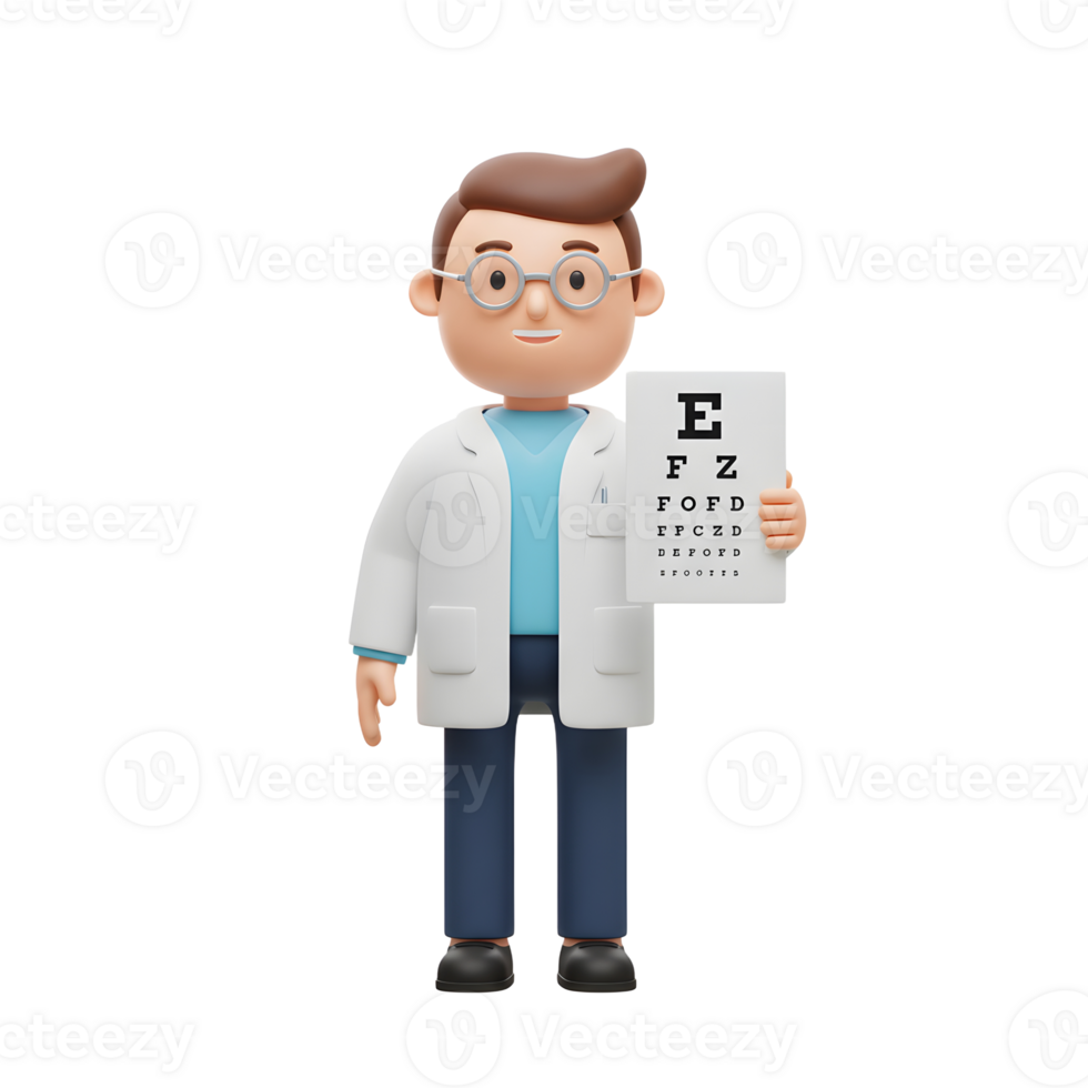 A smiling cartoon optometrist holds an eye chart, ready for your vision check Bright, friendly, and approachable. png