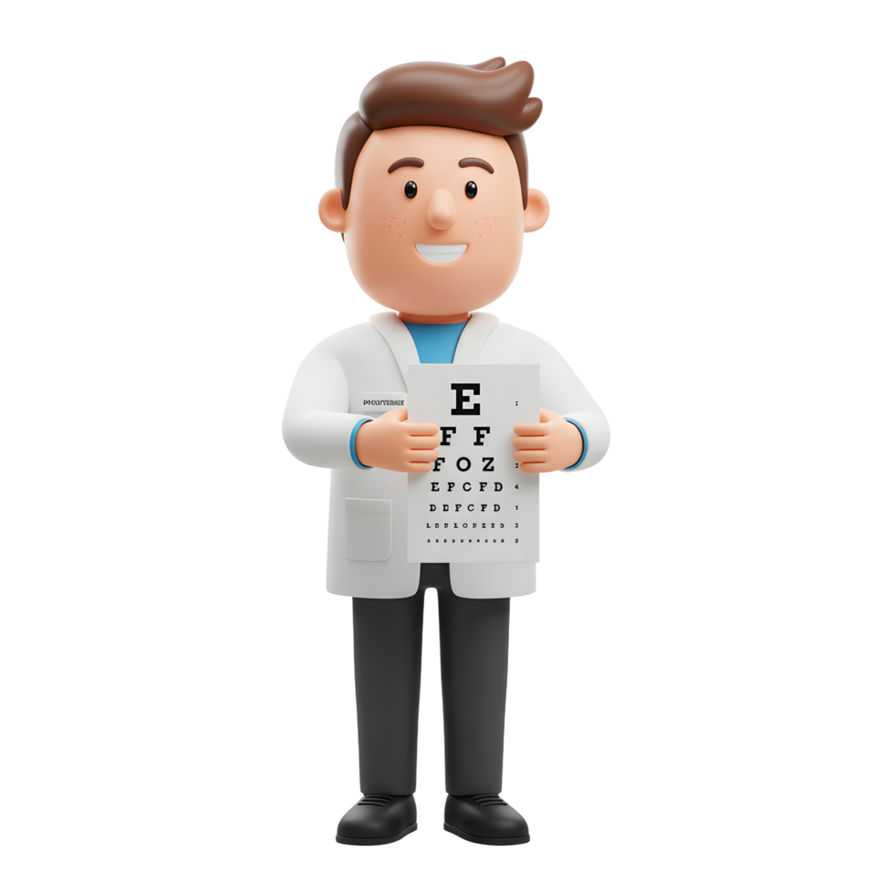 A smiling cartoon optometrist proudly displays an eye chart, radiating a cheerful and approachable vibe. Perfect for eye care png