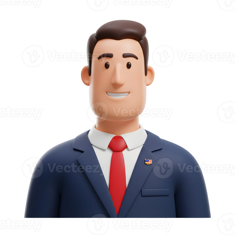 A cheerful 3D cartoon businessman smiles warmly. He's dressed in a sharp navy suit and red tie, projecting confidence and approachability. png