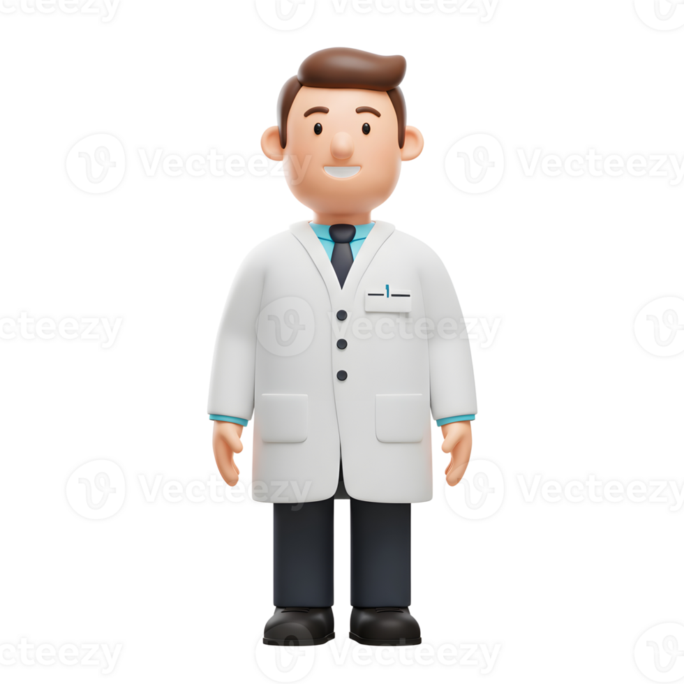 A cheerful 3D cartoon doctor, in a pristine white coat and blue tie, offers a friendly, approachable presence. His happy expression and simple design create a welcoming mood. png