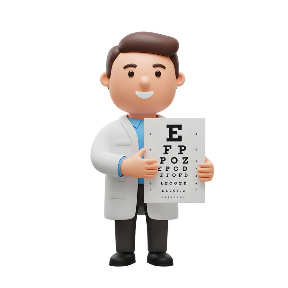 A cheerful cartoon eye doctor proudly displays an eye chart. Bright, friendly, and perfect for vision care png