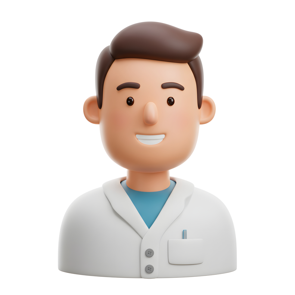 A cheerful 3D cartoon doctor, depicted in a friendly, approachable style, wearing a white coat. His happy expression conveys trust and care. png