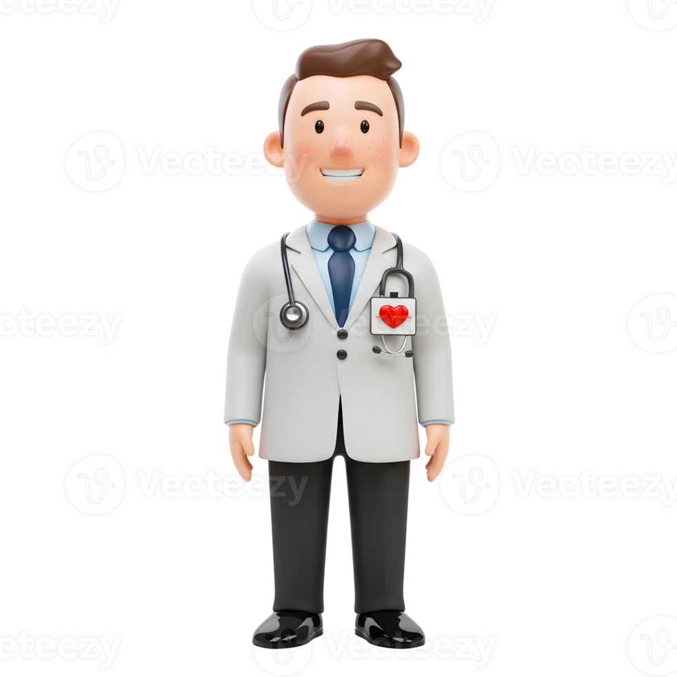 A cheerful 3D cartoon doctor, wearing a lab coat and stethoscope, stands ready to help. His friendly smile and heart-shaped badge create a warm, approachable image. png