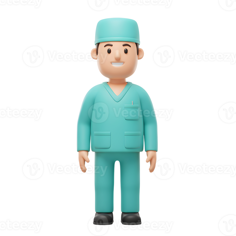 A friendly cartoon doctor, rendered in 3D, smiles warmly while wearing teal scrubs and a matching cap. Cheerful and approachable png