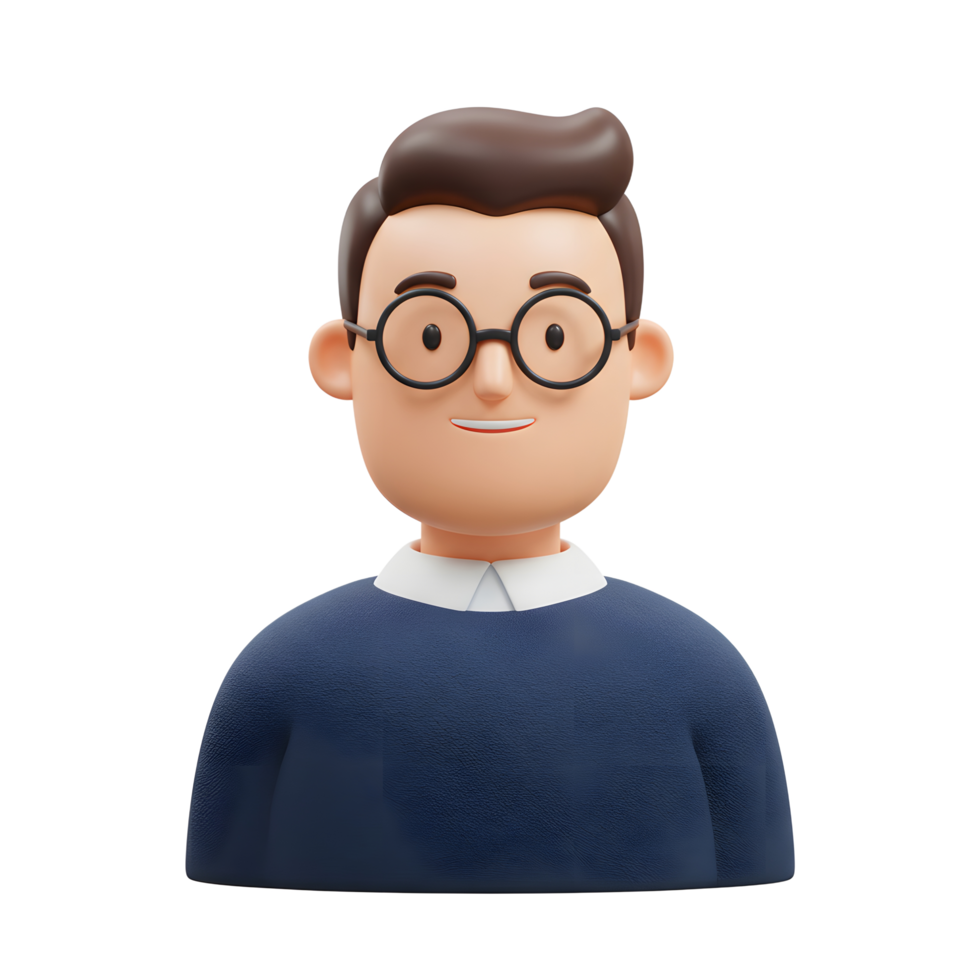A cheerful 3D cartoon man with glasses smiles warmly. His friendly expression and simple design create a welcoming, approachable mood. png