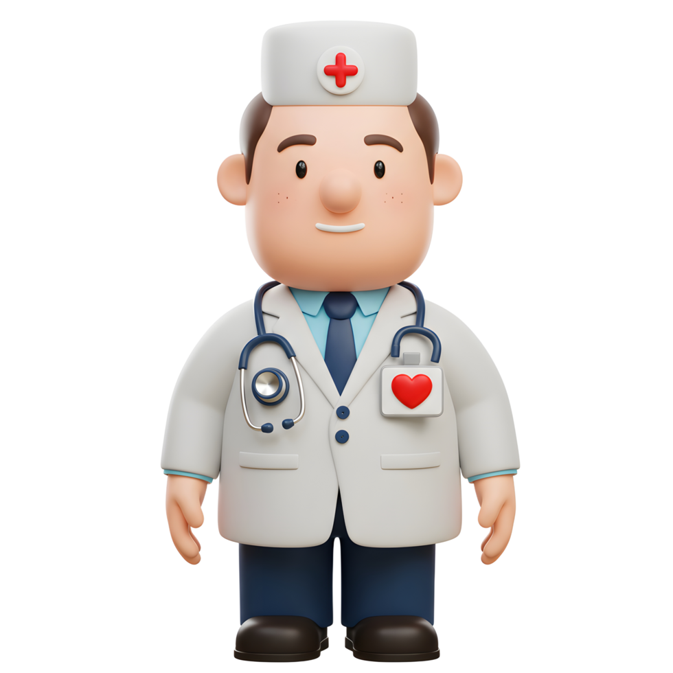 A cheerful cartoon doctor smiles warmly, ready to help He wears a white coat, stethoscope, and a heart badge. Friendly and approachable, perfect for healthcare png