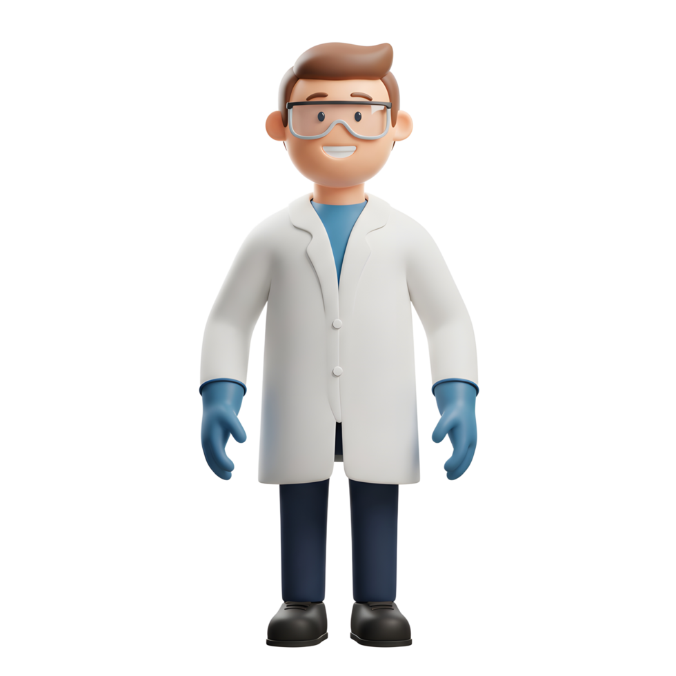 A friendly cartoon scientist beams, wearing a pristine lab coat and protective eyewear. His cheerful demeanor and 3D style create a positive and approachable image. png