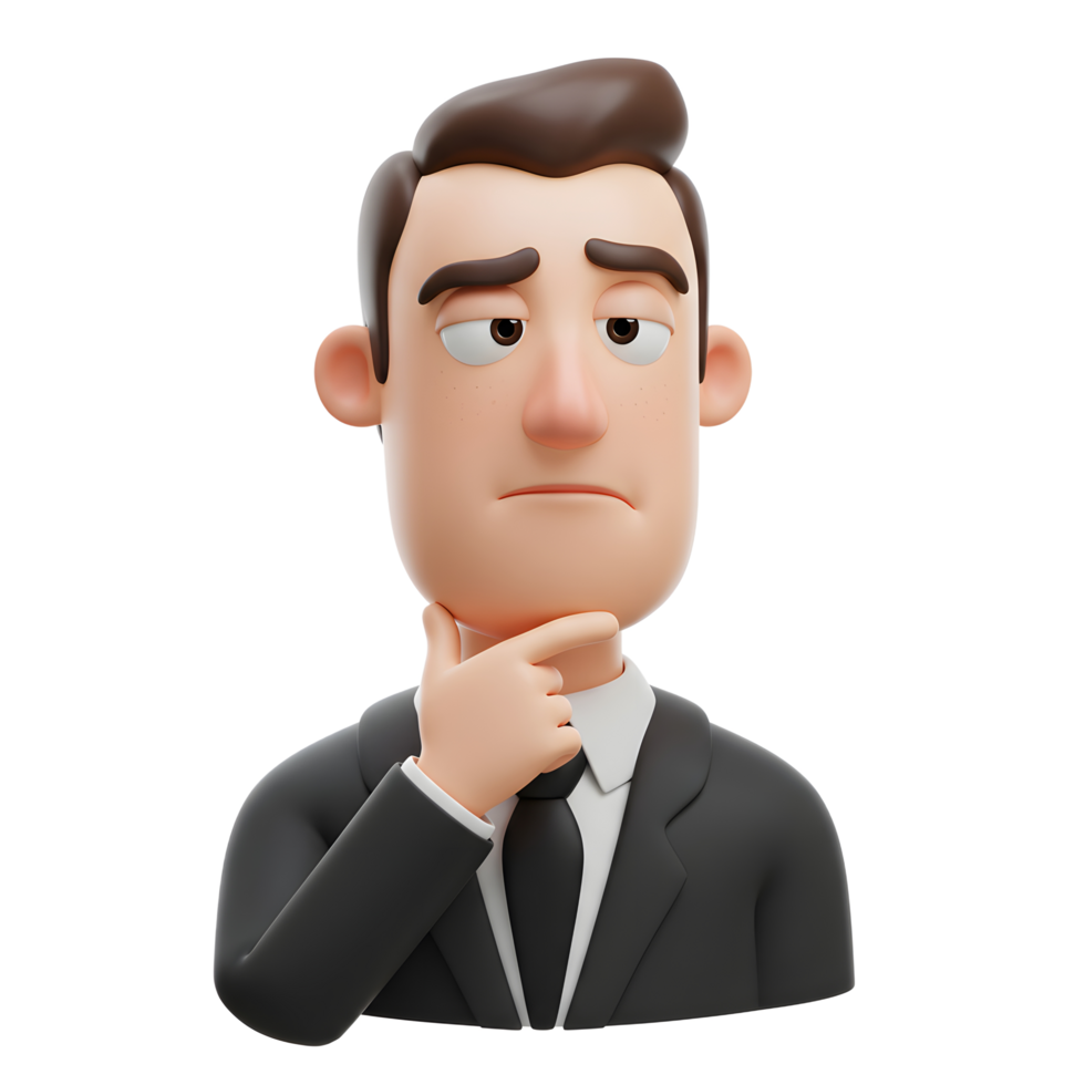 A thoughtful 3D cartoon businessman ponders, hand on chin, showcasing a serious yet charming expression. His dark suit and contemplative pose create a mood of quiet reflection. png