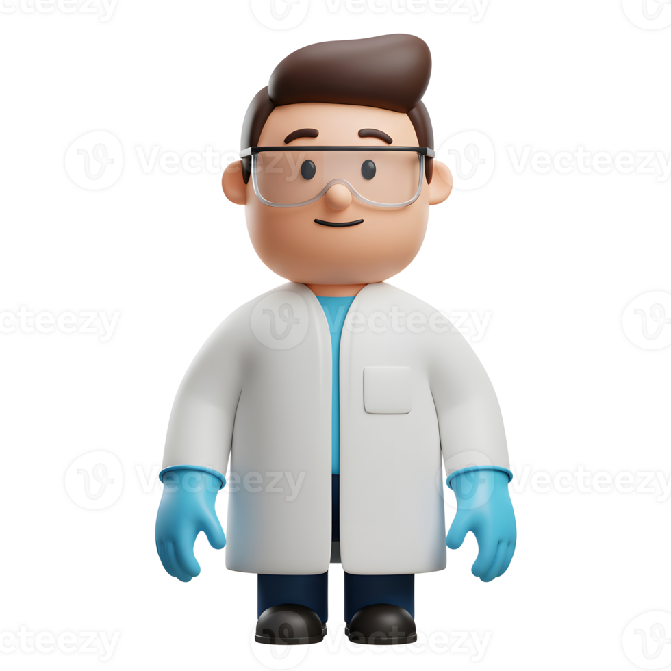 A cheerful cartoon scientist, wearing a lab coat, goggles, and gloves, smiles warmly. A friendly, approachable 3D rendering. png