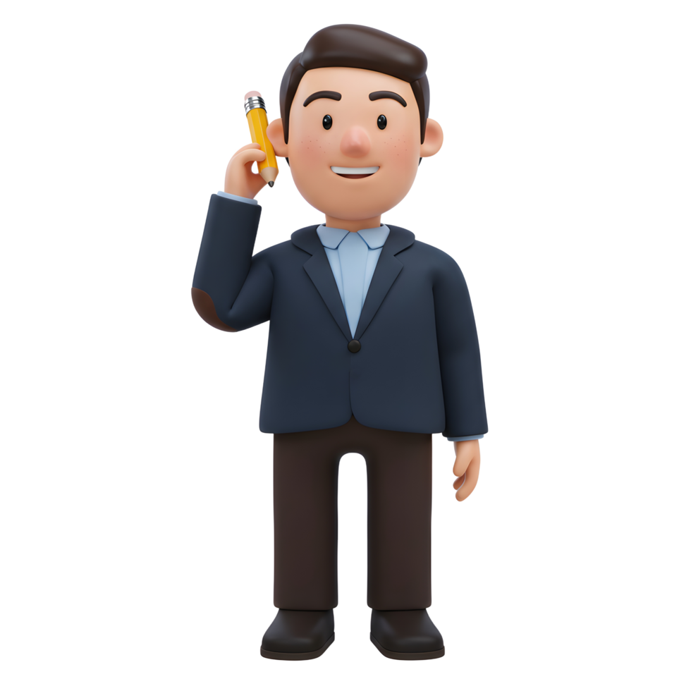 A cheerful cartoon businessman, dressed in a navy suit, holds a pencil to his ear, thoughtfully considering an idea. The playful 3D style creates a lighthearted mood. png