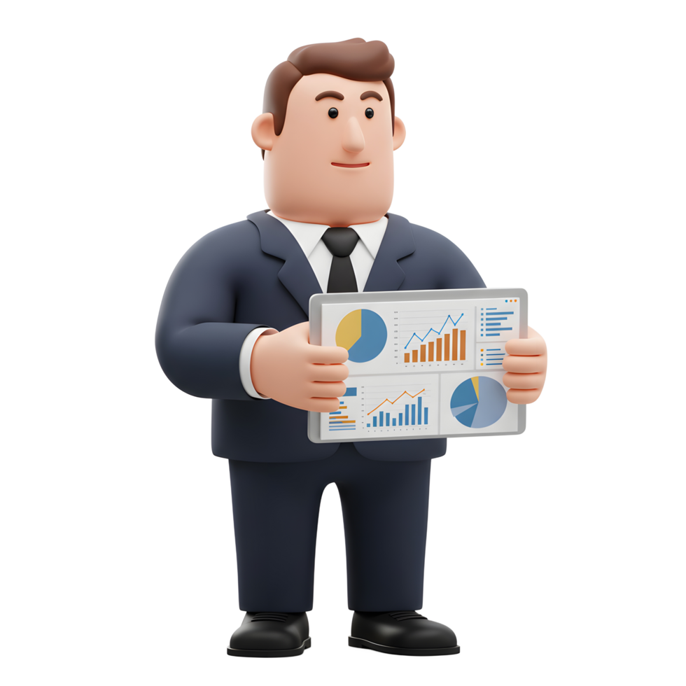 A cheerful cartoon businessman confidently displays a tablet showcasing vibrant financial charts and graphs. The scene exudes professionalism and success. png