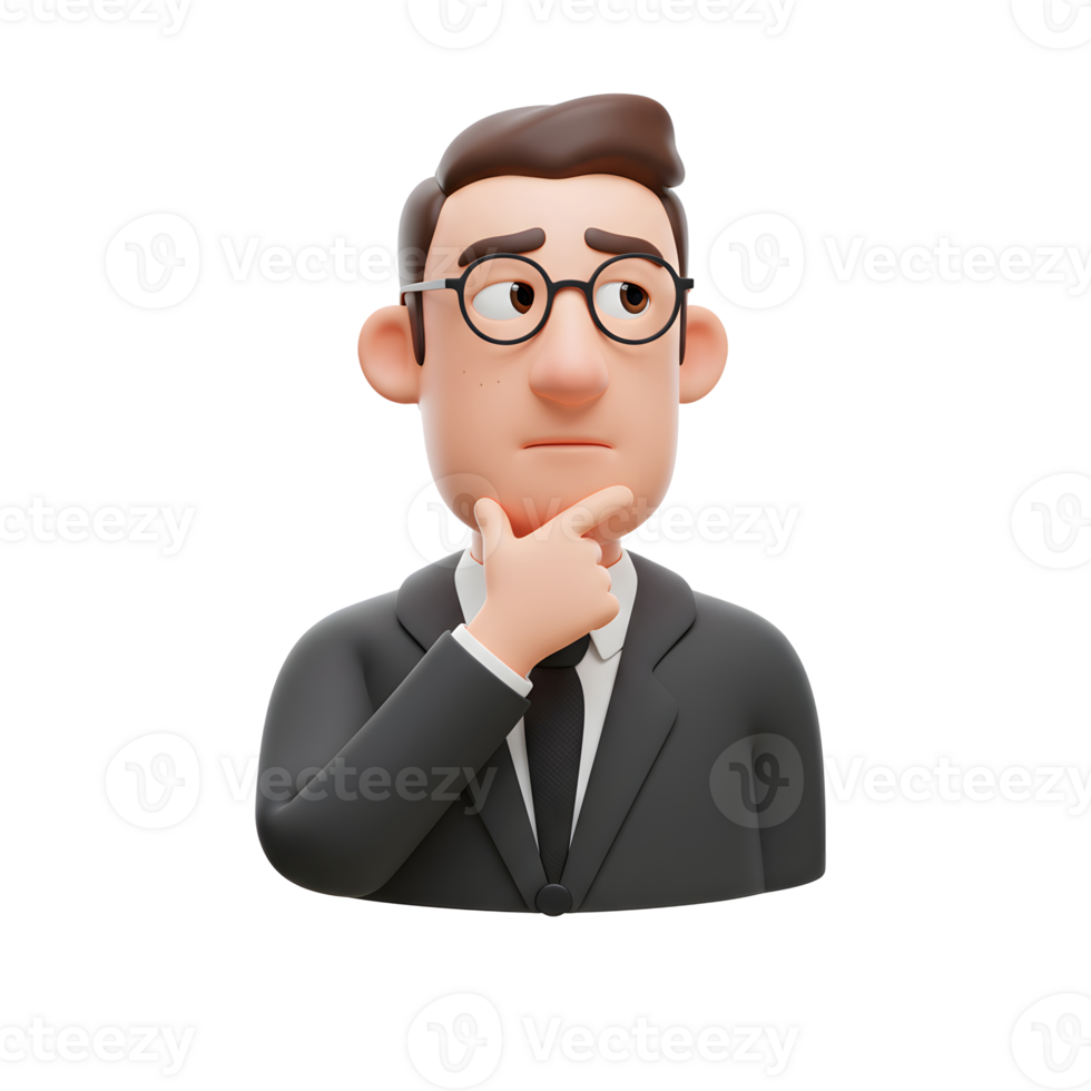A thoughtful cartoon businessman in a suit, hand on chin, ponders a decision. His expression is serious, creating a contemplative mood. png
