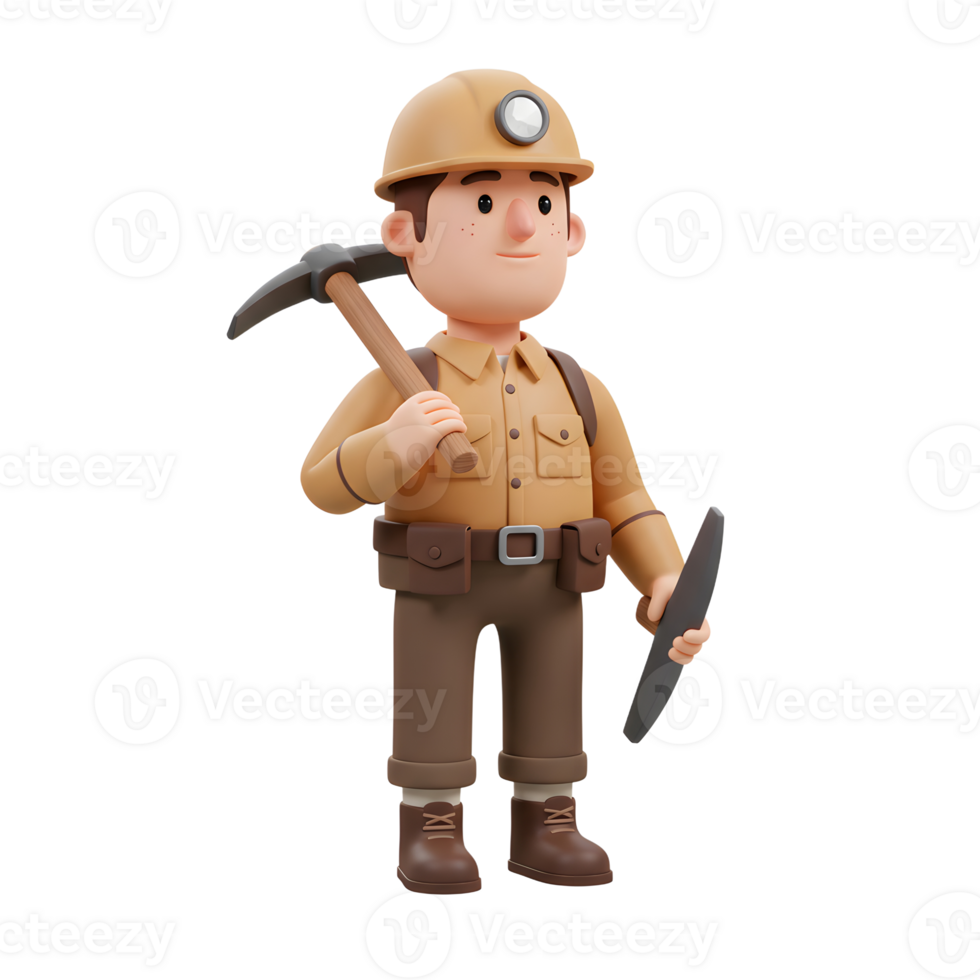 A friendly 3D cartoon miner, relaxed yet ready, carries his pickaxe and holds a sample. Brown tones and a cheerful expression create a charming image. png