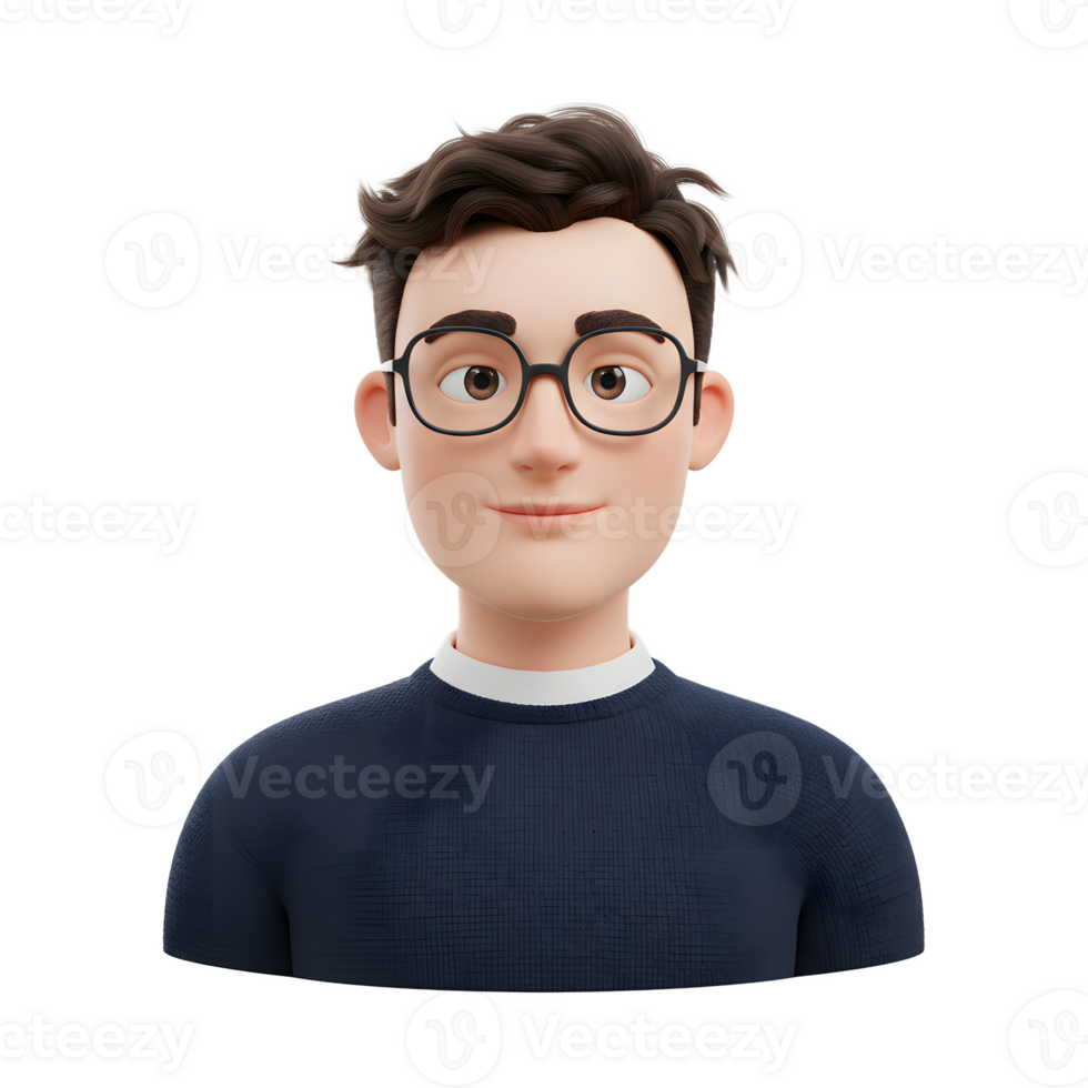 A cheerful cartoon man with glasses smiles warmly. His dark hair and navy sweater create a friendly and approachable mood. Simple yet detailed 3D style. png