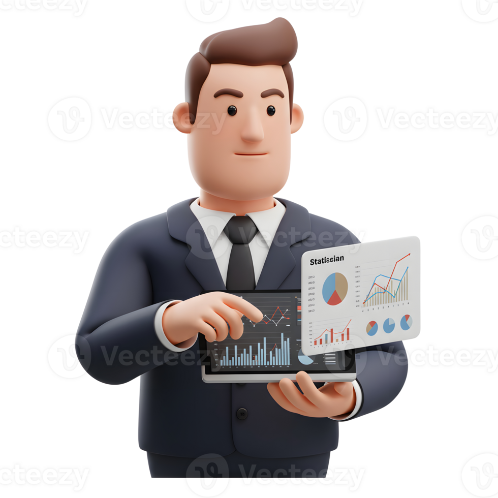A friendly cartoon businessman confidently presents financial data on a tablet and charts. The scene is bright, clean and professional, conveying a sense of success. png