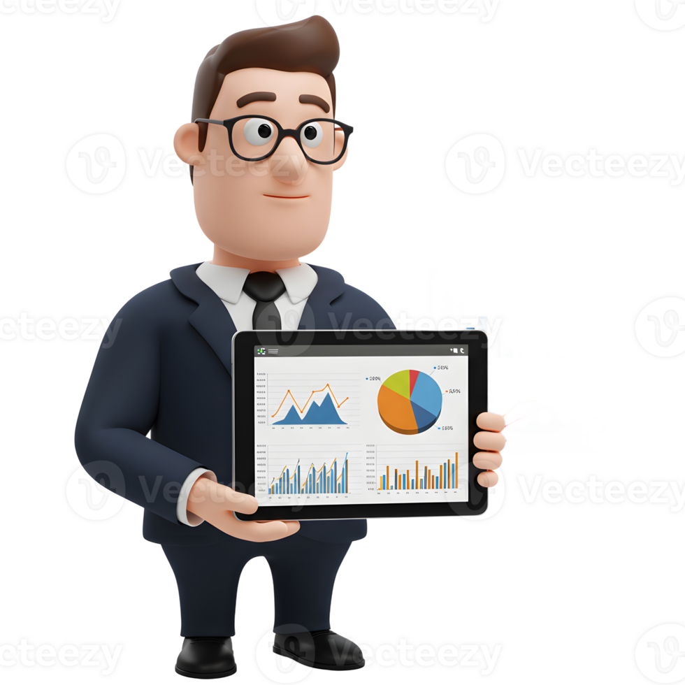 A friendly cartoon businessman confidently displays financial data on his tablet and charts, showcasing positive growth and market trends. A cheerful and optimistic business presentation. png