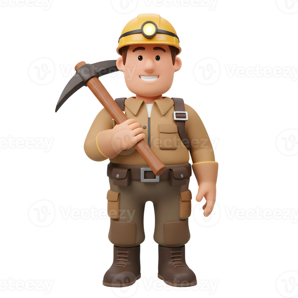 A friendly cartoon miner, all smiles, stands proudly with his pickaxe. His outfit is detailed, and the overall mood is upbeat and charming. png