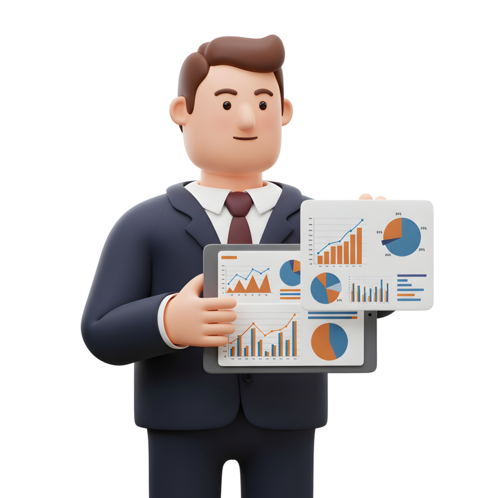 A friendly businessman confidently presents key business data. Charts and graphs highlight growth trends, creating a positive and professional feel. png