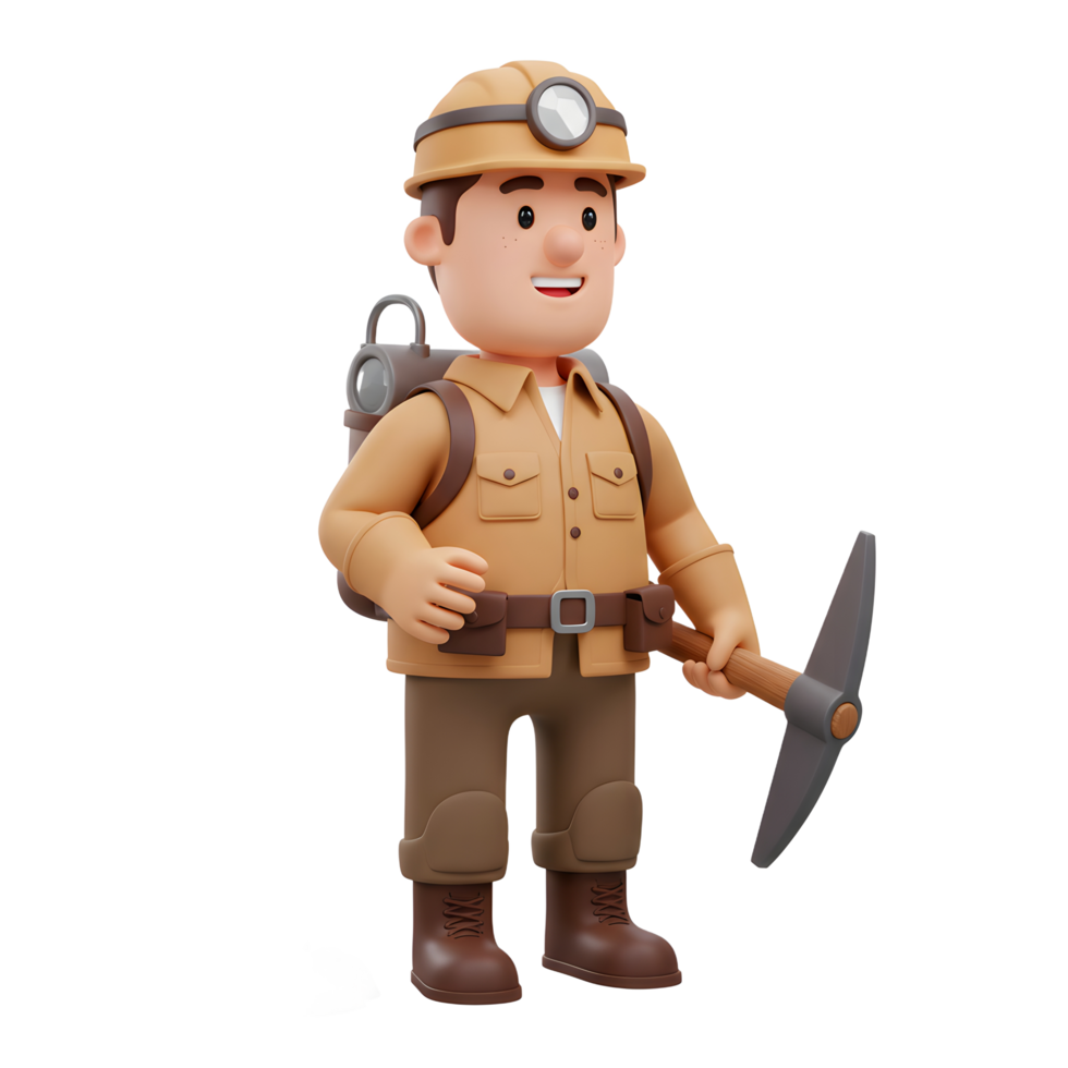 A friendly cartoon miner, ready for adventure He's got his trusty pickaxe, backpack, and a cheerful smile. Perfect for mining projects png