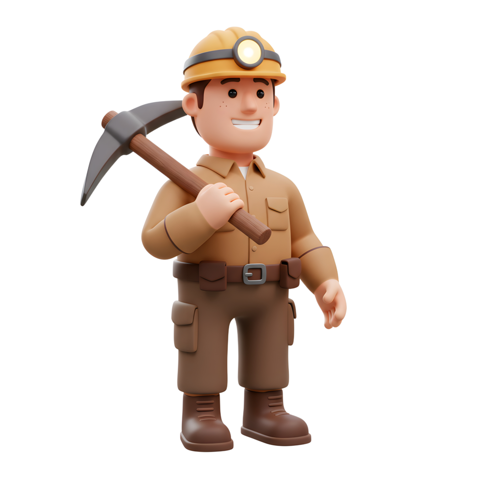 A friendly 3D-rendered miner, helmet gleaming, holds his pickaxe with a cheerful smile. Brown overalls and boots complete his charming look. png
