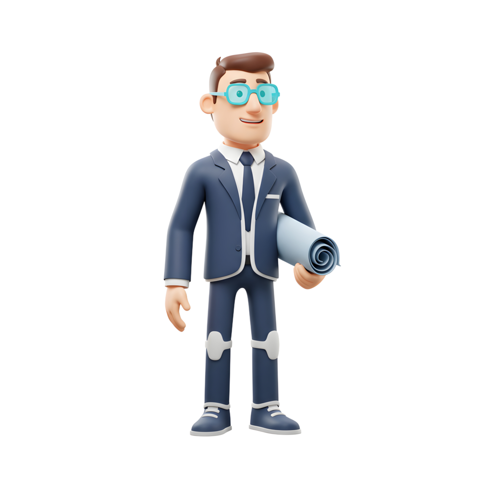 A friendly cartoon businessman in a stylish suit confidently holds a rolled-up blueprint. His cheerful expression and bright glasses add to the upbeat mood. png