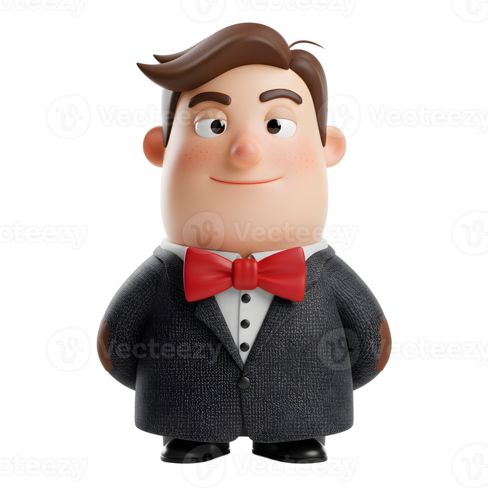 A cheerful cartoon man, impeccably dressed in a dark suit and red bow tie, stands with a friendly, approachable demeanor. His 3D-rendered features create a playful, yet sophisticated look. png